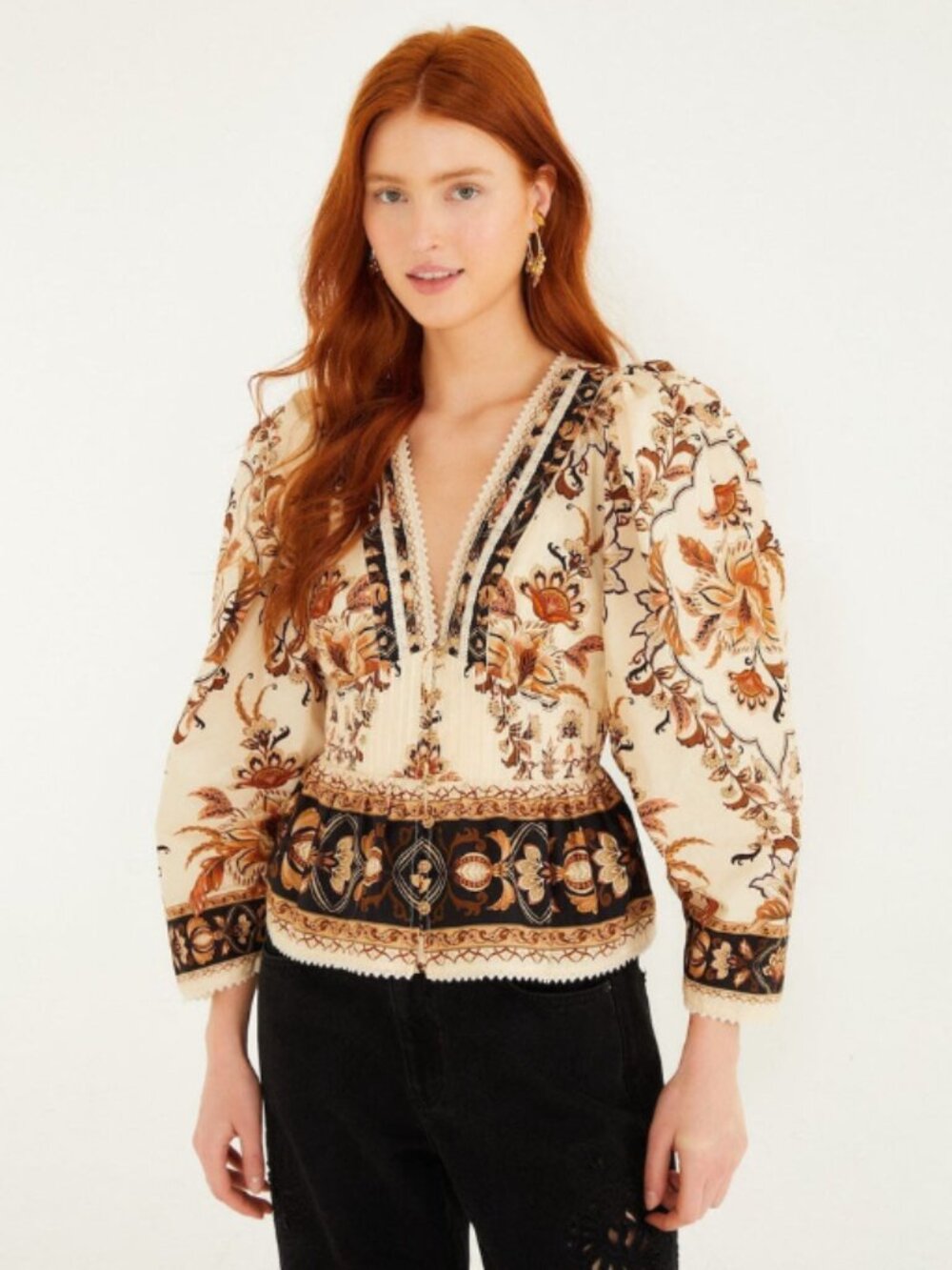 Farm Rio Sand Majestic Garden Lace Puff Sleeve Blouse (NWT)